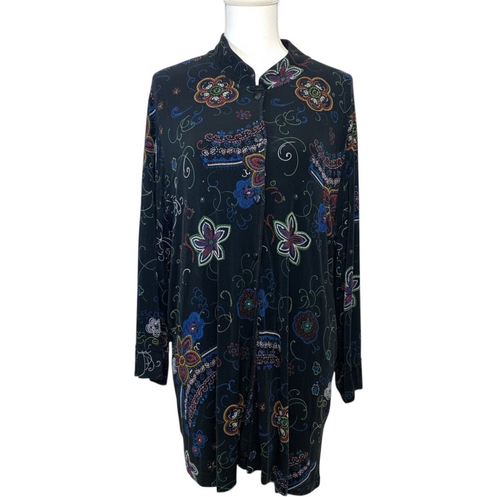 Vikki Vi Black Floral Slinky Knit Long Line Cardigan Women 2X Button Up USA